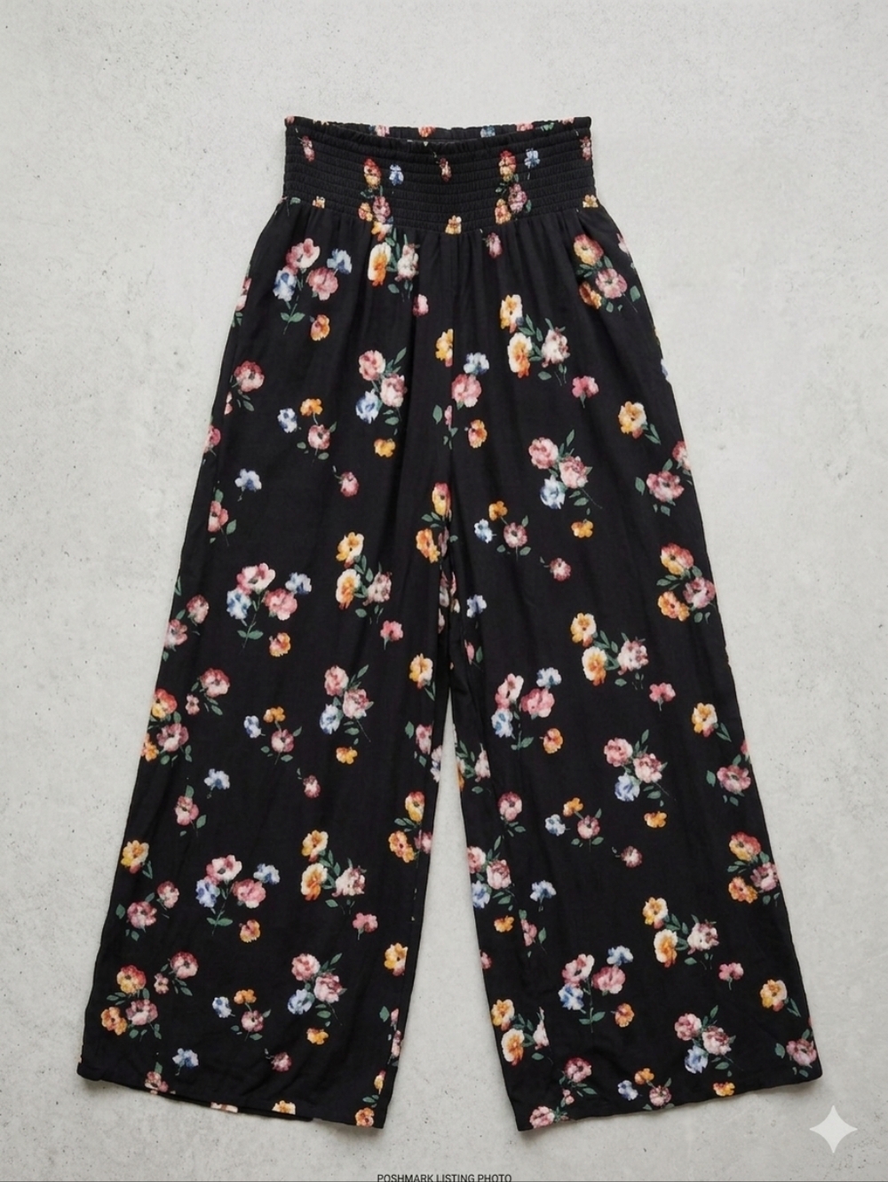 Abercrombie & Fitch Black Floral Wide Leg Smocked Waist Pants Sz Xs